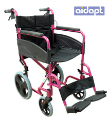 Kompaktowy aluminiowy wózek inwalidzki transportowy w kolorze różowym