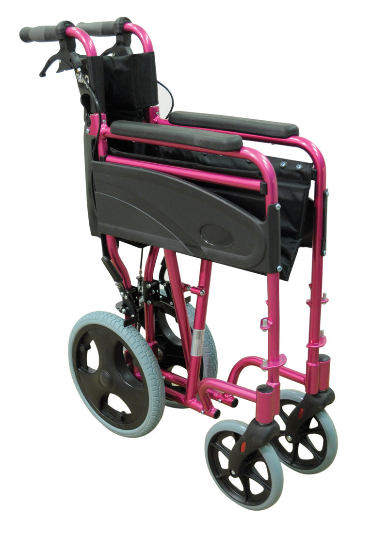 Kompaktowy aluminiowy wózek inwalidzki transportowy w kolorze różowym