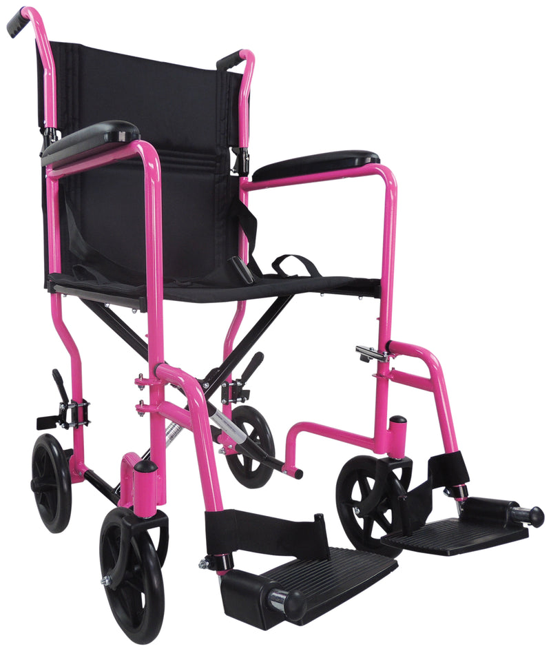Stalowy kompaktowy transportowy różowy wózek inwalidzki