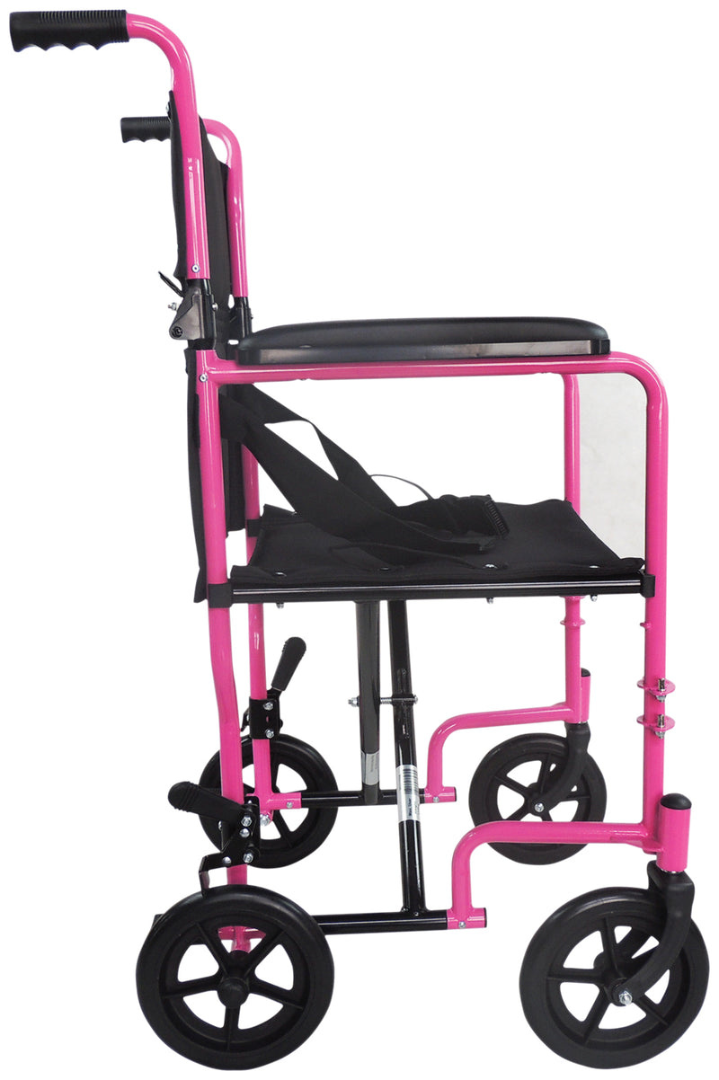 Stalowy kompaktowy transportowy różowy wózek inwalidzki