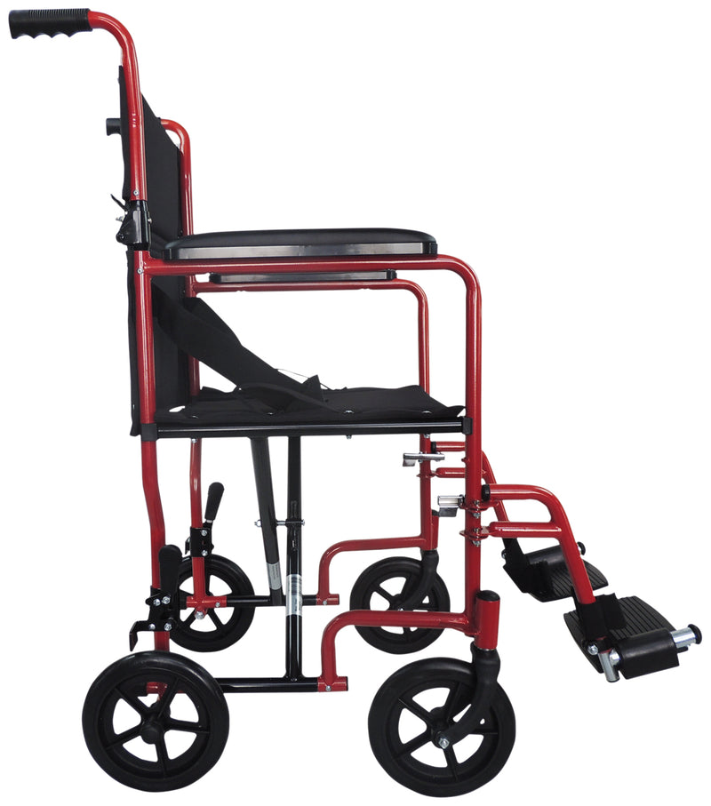 Stalowy kompaktowy transportowy czerwony wózek inwalidzki
